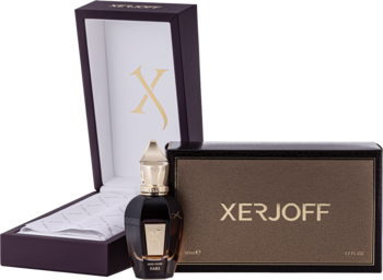 Perfumy Xerjoff Fars unisex, ciemna butelka ze złotym korkiem, obok otwarte luksusowe pudełko z logo X.
