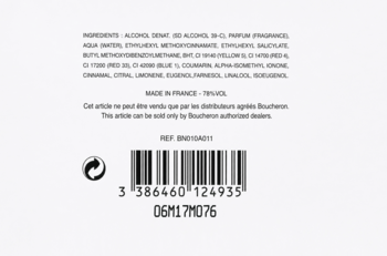Tył Boucheron Cuir De Venise, woda perfumowana unisex, z listą składników, kodem kreskowym i ostrzeżeniem sprzedaży.