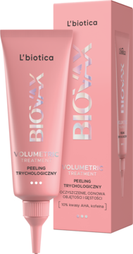 Peeling trychologiczny L'biotica Biovax Volumetric Treatment, różowa tubka i pudełko. Oczyszcza skórę głowy z 10% AHA, kofeiną.