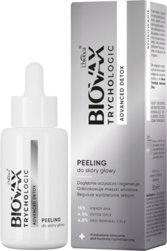Biovax TrychoLogic peeling do skóry głowy AHA. Biała butelka z aplikatorem i szare pudełko, widok z przodu.