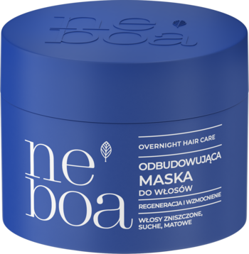 Ciemnoniebieska maska odbudowująca Neboa Overnight Hair Care w słoiku, do włosów zniszczonych, widok z przodu.