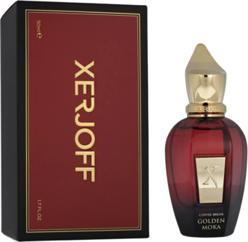 Perfumy unisex Xerjoff Golden Moka: czerwona butelka ze złotym korkiem i pudełko, widok z przodu.