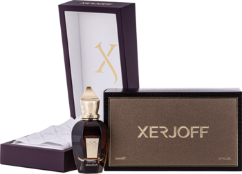 Perfumy unisex Xerjoff Malesia: elegancki flakon, purpurowe pudełko z logo X i brązowe opakowanie produktu.
