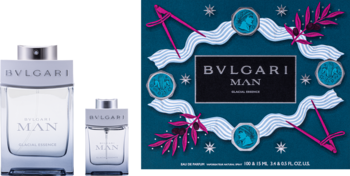 Bvlgari Man Glacial Essence: butelki 100ml i 15ml oraz ozdobne granatowe pudełko zestawu prezentowego.