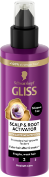Fioletowy aktywator Schwarzkopf Gliss Scalp & Root z kofeiną i peptydami, bez silikonów, do włosów słabych, widok z przodu.