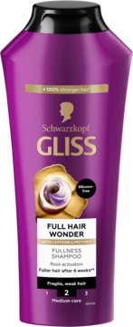 Fioletowy szampon Gliss Full Hair Wonder z kofeiną i peptydami, widok z przodu, na osłabione włosy.