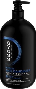 Syoss Intense Anti-dandruff szampon z 3% Cica Complex w czarnej butelce z pompką, widok z przodu.