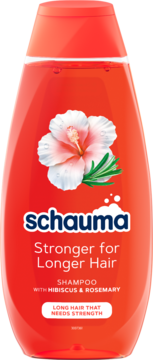 Czerwony szampon Schauma Stronger for Longer Hair z hibiskusem i rozmarynem, wzmacniający długie włosy. Widok z przodu.