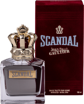 Złota korona na flakonie Jean Paul Gaultier Scandal EDT dla mężczyzn i ciemnoczerwone pudełko.