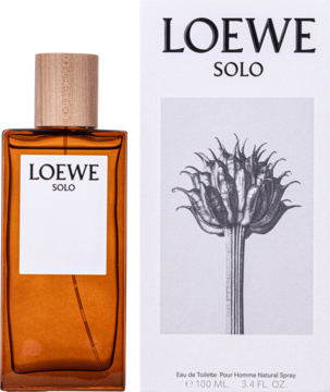 Loewe Solo Eau de Toilette męska, brązowa butelka i białe pudełko z grafiką kwiatu, widok z przodu.