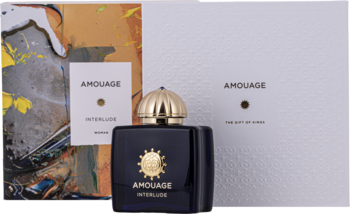 Amouage Interlude damska woda perfumowana w ciemnej butelce ze złotym korkiem, z dwoma pudełkami, widok z przodu.