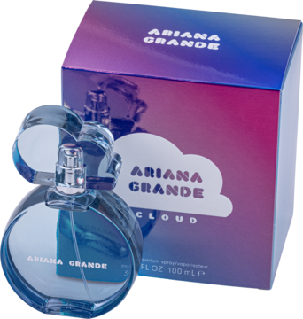 Ariana Grande Cloud perfumy damskie, jasnoniebieska butelka w kształcie chmury z pudełkiem, widok pod kątem.