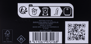Tył opakowania perfum Carolina Herrera Good Girl Suprême: białe symbole recyklingu, płomienia, kodu kreskowego i QR na czarnym tle.