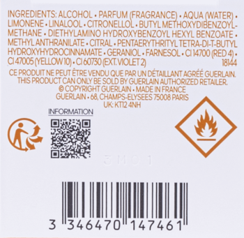 Tył etykiety perfum Guerlain. Widoczne składniki, ostrzeżenia, kod QR i kod kreskowy na off-white tle.
