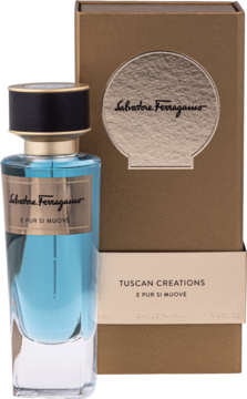 Flakon Salvatore Ferragamo E Pur Si Muove, błękitne perfumy unisex obok eleganckiego brązowego opakowania.