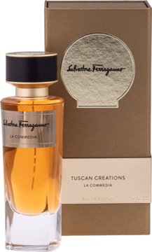 Woda perfumowana Salvatore Ferragamo La Commedia w bursztynowej butelce i złotym kartoniku, widok z przodu.