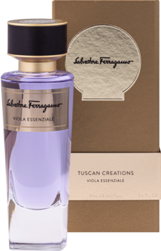 Salvatore Ferragamo Viola Essenziale woda perfumowana unisex, fioletowa butelka obok brązowego pudełka Tuscan Creations.