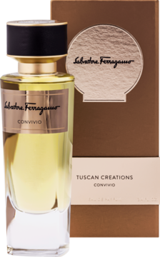 Salvatore Ferragamo Tuscan Creations Convivio woda perfumowana, butelka i brązowe pudełko, widok z przodu.