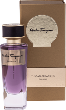 Fioletowa butelka wody perfumowanej Salvatore Ferragamo Calimala z dopasowanym złotym opakowaniem, widok z przodu.