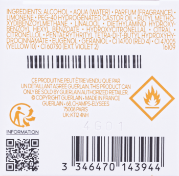 Woda toaletowa Guerlain Aqua Allegoria Mandarine Basilic, tył opakowania z listą składników i kodem kreskowym.