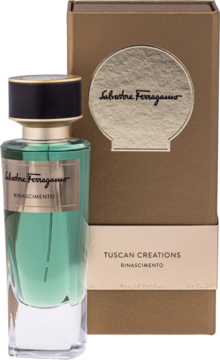 Woda perfumowana Salvatore Ferragamo Rinascimento: zielona butelka ze złotym detalem, obok złote pudełko.