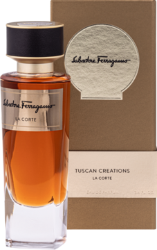 Salvatore Ferragamo La Corte woda perfumowana unisex w bursztynowej butelce, na tle złotego opakowania, widok z przodu.