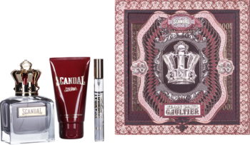 Zestaw Jean Paul Gaultier Scandal Pour Homme: woda toaletowa z koroną, czerwony żel i miniatura. Opakowanie z ornamentem.