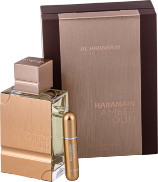 Al Haramain Amber Oud Gold Edition: złota butelka perfum unisex, mały atomizer i eleganckie brązowo-złote pudełko.