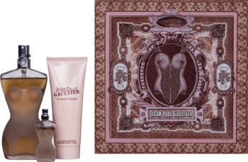 Zestaw Jean Paul Gaultier Classique: woda toaletowa (duża, mała) w butelkach-torsach, balsam do ciała, ozdobne pudełko.