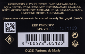 Tył czarnego opakowania wody perfumowanej Godolphin Parfums de Marly, widoczne składniki i kod kreskowy.