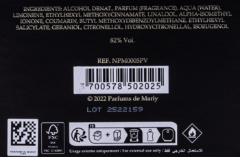 Tył czarnego opakowania perfum Athalia Parfums de Marly ze składem, kodem kreskowym i symbolami.