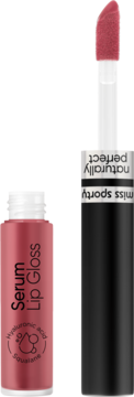 Miss Sporty Naturally Perfect Lip Serum, różowy błyszczyk z kwasem hialuronowym i skwalanem. Otwarta butelka z aplikatorem.