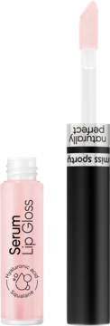 Różowy błyszczyk-serum Miss Sporty Naturally Perfect z kwasem hialuronowym i skwalanem, otwarty z aplikatorem.