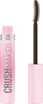 Miss Sporty Crush Maker Studio Lash maskara, pogrubiająca i liftingująca, otwarta różowa tubka z brązową szczoteczką.