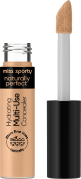 Nawilżający korektor Miss Sporty Naturally Perfect w beżowej butelce z wyciągniętym aplikatorem.