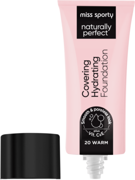 Różowa tubka podkładu Miss Sporty Naturally Perfect Covering Hydrating Foundation 20 WARM, z odkręconą czarną nakrętką.