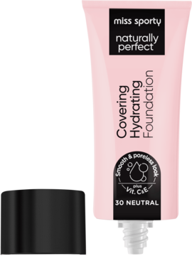 Podkład Miss Sporty Naturally Perfect Covering Hydrating Foundation w różowej tubce, otwarta z czarną nakrętką.