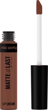 Miss Sporty Matte To Last 16h Chocolate, otwarta brązowa matowa pomadka w płynie z aplikatorem, widok z boku.
