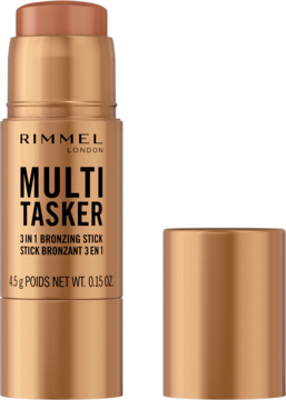 Rimmel London Multi-Tasker 3w1 brązowy bronzer w kremowej sztyfcie, z odkręconą nakładką, widok z przodu.