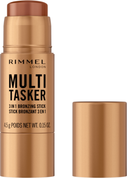 Rimmel Multi-Tasker bronzer w sztyfcie w złotym opakowaniu, z otwartą brązową końcówką, widok z przodu.