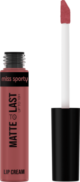 Miss Sporty Matte To Last 16h lip cream w kolorze mauve, z otwartym opakowaniem i wyjętym aplikatorem.