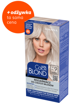 Joanna Ultra Color Blond: rozjaśniacz do włosów na całą długość, do 9 tonów, z odżywką. Białe pudełko, ujęcie przodu.