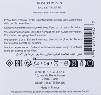Tył kartonika Rose Pompon Eau de Toilette Annick Goutal, ostrzeżenia w wielu językach i kod kreskowy.