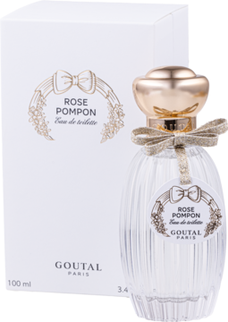 Annick Goutal Rose Pompon woda toaletowa, butelka z żebrowanego szkła i białe pudełko, widok pod kątem.