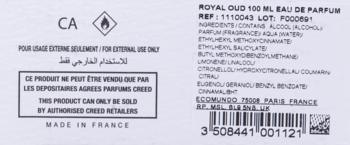 Tylna etykieta Creed Royal Oud 100 ml Eau de Parfum z listą składników, ostrzeżeniami i kodem kreskowym.