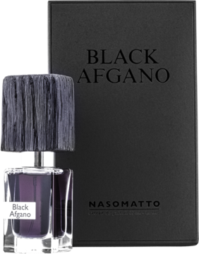 Perfumy Nasomatto Black Afgano: flakon z ciemnym płynem i rzeźbioną drewnianą zakrętką, obok eleganckiego czarnego pudełka.
