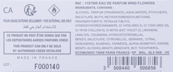 Tył etykiety perfum Creed Wind Flowers Eau de Parfum, z listą składników, ostrzeżeniami i kodem kreskowym.