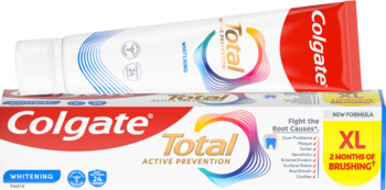 Pasta Colgate Total Active Prevention Wybielająca w tubie i kartoniku, z napisem XL na żółtym tle, widok z przodu.