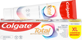 Pasta do zębów Colgate Total Active Prevention Original, tubka na białym pudełku z napisem XL, widok z góry.