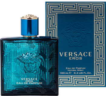 Versace Eros EDP męski, turkusowa butelka z głową Meduzy i złotą zakrętką, obok dopasowane pudełko, widok z przodu.